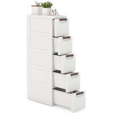Narrow Bathroom Cabinet, Side Cabinet with 5 Drawers, 42 x 19 x 91 cm, for Bathroom, Living Room, Dining Room, Kitchen, Modern, White