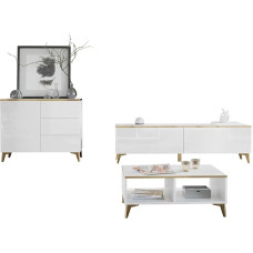 Mirjan24 Aioren II Wall Unit, Home Furniture, Elegant Living Room Set with Golden Accents, Push to Open, TV Lowboard, Chest of Drawers, Coffee Table (White/White High Gloss + Gold)