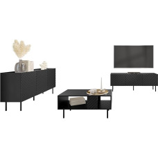 Mirjan24 Likade I Living Room Set, Living Room Cabinets, Wall Panel, Milled Front, Metal Feet, in Set: Chest of Drawers, TV Lowboard, Coffee Table (Black)