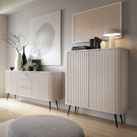 Lomadox Living Room Set Modern Cashmere Beige with Grooved Grooved Sideboard Highboard Feet Metal in Black