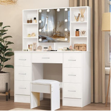 Puselo Dressing Table with Lighting and Mirror Dressing Table with Stool Cosmetic Table with 6 Drawers and 6 Shelves for Bedroom 100 x 40 x 140 cm P52E4