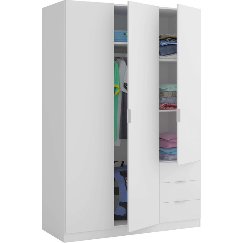 Habitdesign, Arctic White 3 Door 3 Drawer Wardrobe 121 x 180 x 52 cm