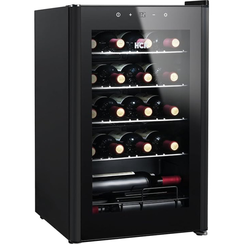HCK 70 L Wine Fridge for 24 Bottles, 4-22 °C Wine Refrigerator, Bottle Fridge, Drinks Fridge with Glass Door, Quiet Wine Cabinet, Frost-Free Glass Door, Full Glass Touch Panel, Black