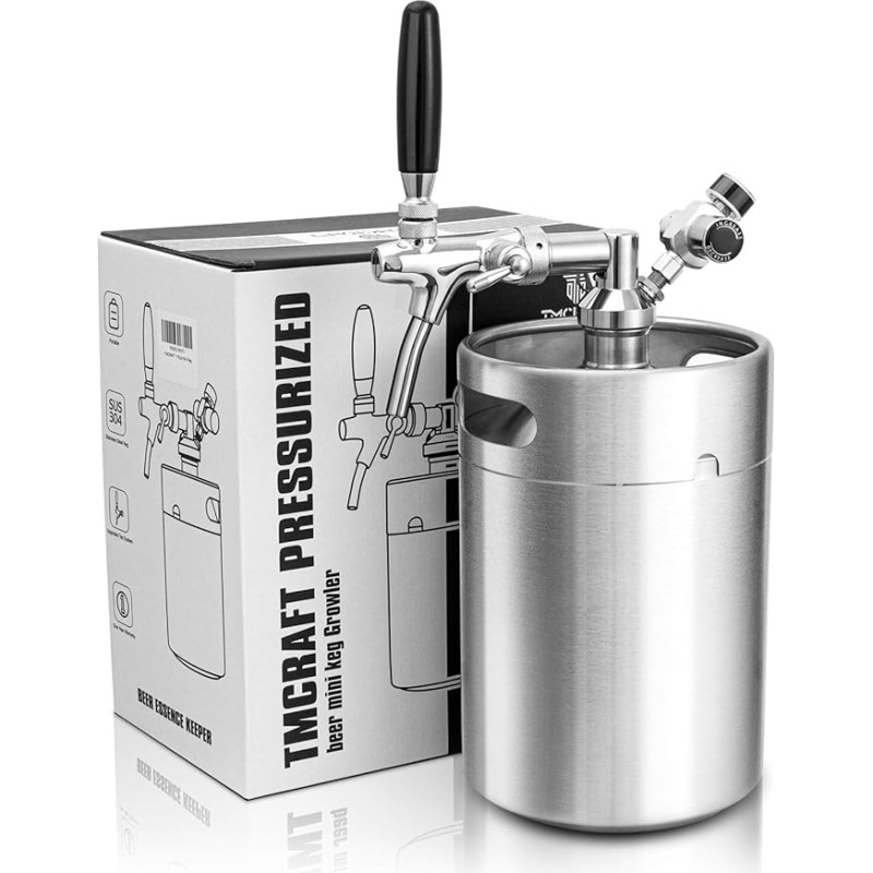 TMCRAFT 5 Litre (170 oz) Mini Barrel Growler, Stainless Steel Pressure Barrel Kit System with Adjustable Tap Can Drinks for Home Brewery, Craft Beers and Draft Beer Fresh and Carbonated