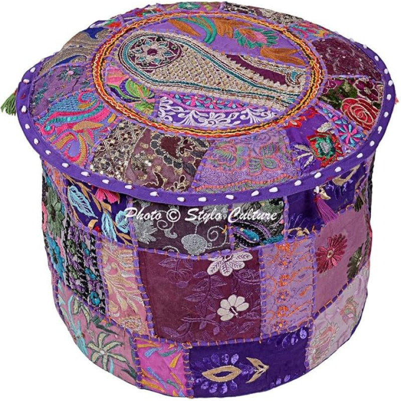 Stylo Culture Cotton Patchwork Embroidered Osmanische Stool Pouf Cover Purple Flowers