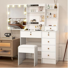 Puselo PW6 Dressing Table with Lighting and Mirror, Dressing Table with Stool, 10 Adjustable Brightness Cosmetic Table with 6 Drawers, 6 Shelves, Makeup Table for Bedroom, 80 x 36 x 131 cm