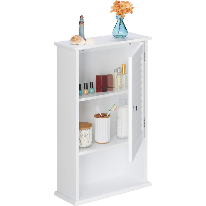 Relaxdays 10032188 Bathroom Cabinet 3 Compartments Slat Door Low Depth 70 x 42 x 16.5 cm Space Saving Bathroom Cabinet White
