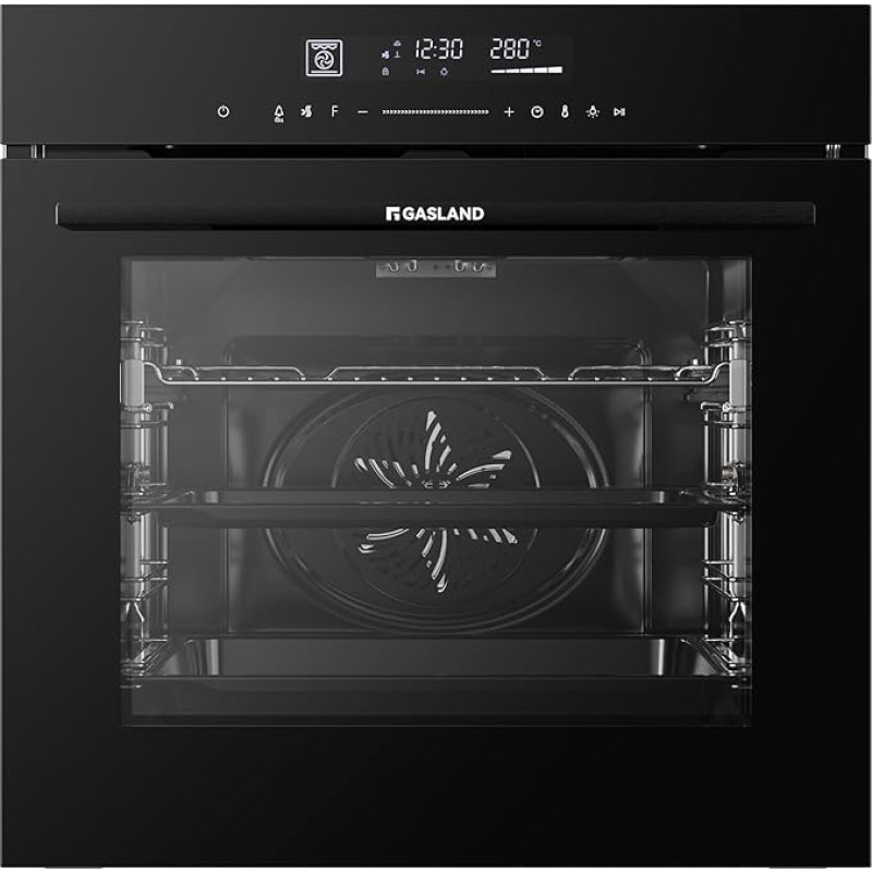GASLAND ES616321TGB Built-in Oven 74L, Air Fry, Quick Heating, Full-Touch LED Display, Water Vapour Cleaning, Soft Open & Close, Telescopic Extension, Easy-Care Back Panel, Black