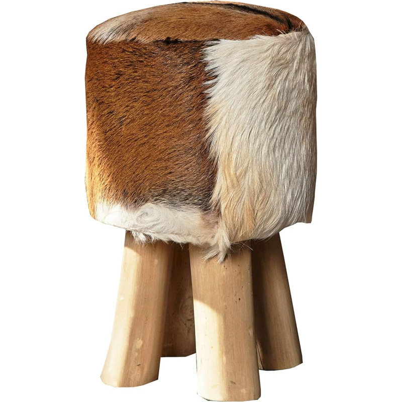 Designer Stool Hide with Real Goat Hide and Teak Real Fur Stool