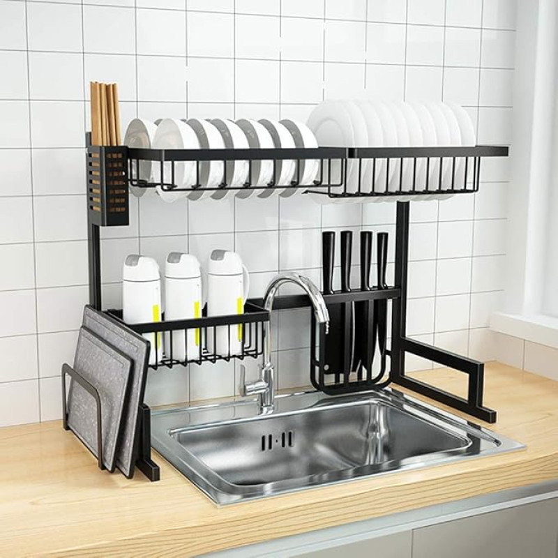 YIHANSS Geschirrtrockner, schwarzer 201-Edelstahl-Küchenbesteckständer, Spülbecken-Abflussständer, Geschirrständer – 65 x 32 x 52 cm