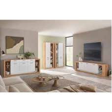 Living Room Set with Sideboard, Lowboard & 2 Cabinets in Oak with White Modern 4 Piece