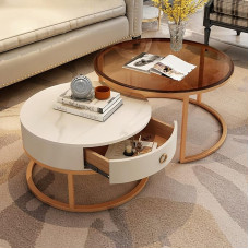 Rundes Couchtisch-Set mit Aufbewahrungsschublade, moderner Glasplatte und Metallrahmen, perfekt für Wohnzimmer und Schlafzimmer