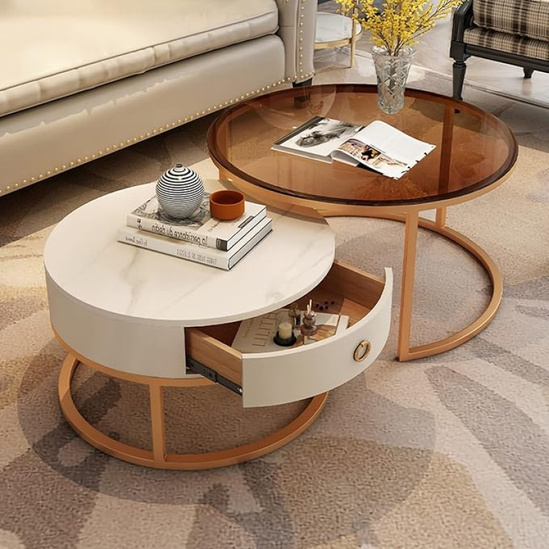 Rundes Couchtisch-Set mit Aufbewahrungsschublade, moderner Glasplatte und Metallrahmen, perfekt für Wohnzimmer und Schlafzimmer