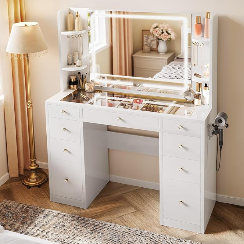 YITAHOME Large Dressing Table with Adjustable LED Lighting and Sockets, Transparent Desk, Dressing Table with 9 Drawers, Split Drawers, White