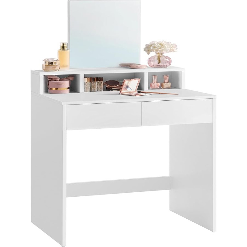 VASAGLE RDT103W01 Dressing Table with Large Mirror 2 Drawers 3 Open Compartments Cosmetic Table Modern White