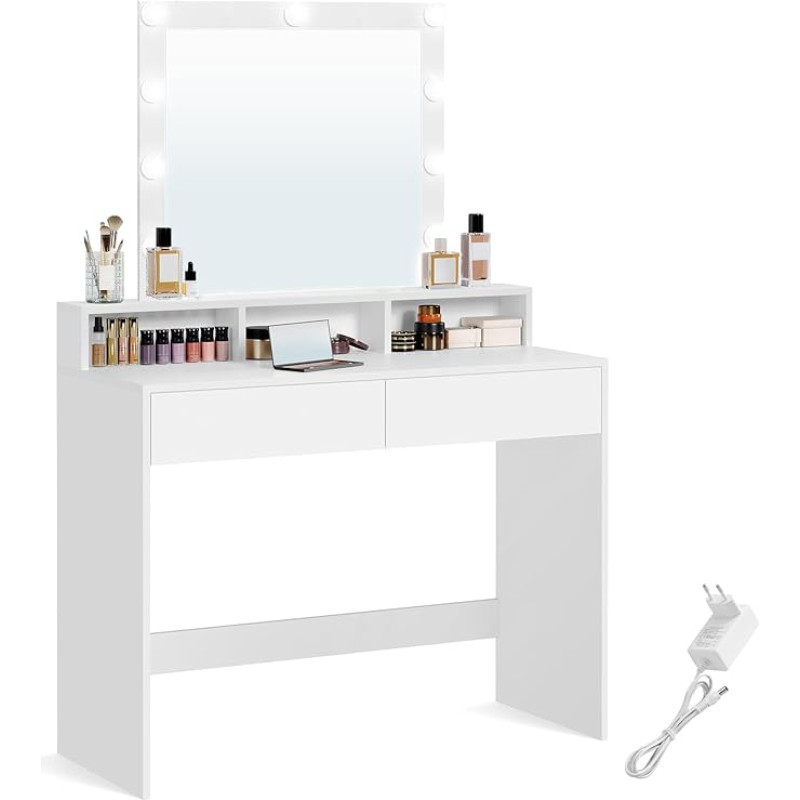 VASAGLE Dressing Table with LED Lighting, Adjustable Brightness, Dressing Table with Mirror, Cosmetic Table with 2 Drawers and 3 Open Compartments, Modern White RDT164W01