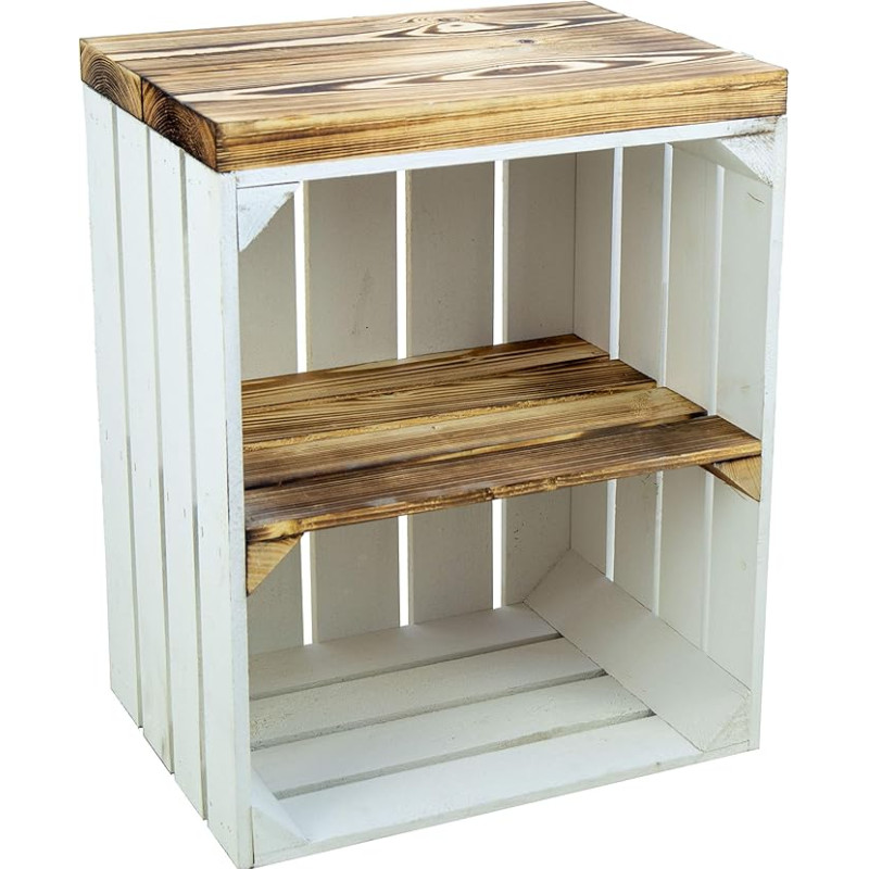 Johanna Fruit Box with Solid Wooden Planks, Shoe Rack, Shoe Chest of Drawers, Stool 40 x 30 x 53 cm (L x D x H) (White and Flamed)