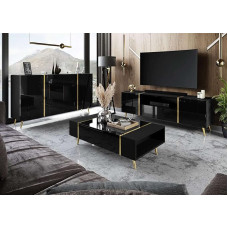 lukmebel Onyx Living Room Set on Golden Legs, Three Elements, Elegant and Modern Design, Easy to Clean, Abrasion and Scratch-Resistant, Laminated Top, Black