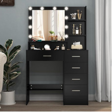 LIANWANG Dressing Table with Mirror and LED Lighting, 3 Colour Temperatures and Brightness Adjustable, 5 Drawers for Bedroom, 131 x 80 x 36 cm, Black