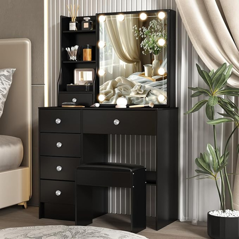 Saimeihome Dressing Table with Mirror and Stool, Black Dressing Table with Lighting - 3 Different Light Colour Modes, Makeup Table for Bedroom, Children's Room, 80 x 34 x 130 cm, SE30