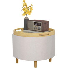 HOMCOM Stool with Storage Space Stool with Hinged Lid, Round Footstool, Cube Upholstered Stool with Wooden Legs, Velvet Look, 56 x 42 x 42 cm, White