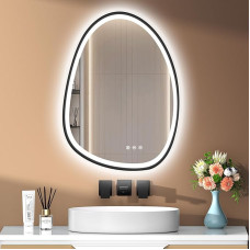 PESENXAN Mirror with Lighting, Asymmetrical LED Bathroom Mirror 75 x 55 cm with Touch Switch, Anti-Fog, 3 Light Colours, Dimmable & Memory Function, Black (Horizontal/Vertical)