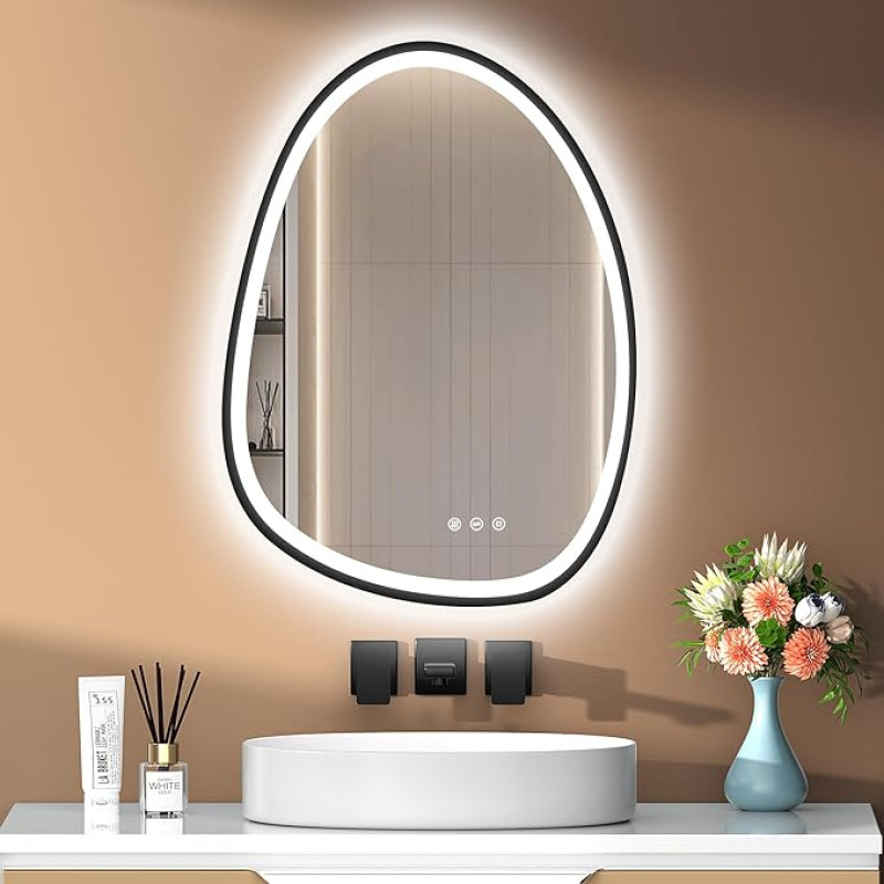 PESENXAN Mirror with Lighting, Asymmetrical LED Bathroom Mirror 75 x 55 cm with Touch Switch, Anti-Fog, 3 Light Colours, Dimmable & Memory Function, Black (Horizontal/Vertical)
