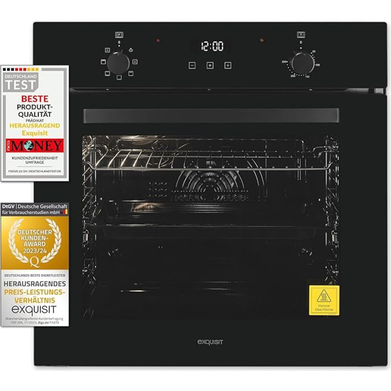 Exquisit Built-in Oven EBE278-U-020 Black | Energy Efficiency Class A | 76 L Cooking Chamber | Timer | Side Grid | 60 cm Width