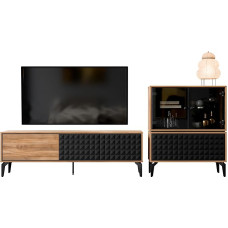 Mirjan24 Ewido II Living Room Set, Living Room Cabinet with Geometric Pattern, Handle-Free Opening System, Cabinet Wall, in Set: TV Lowboard Display Cabinet (Baroque Oak Amber + Black)