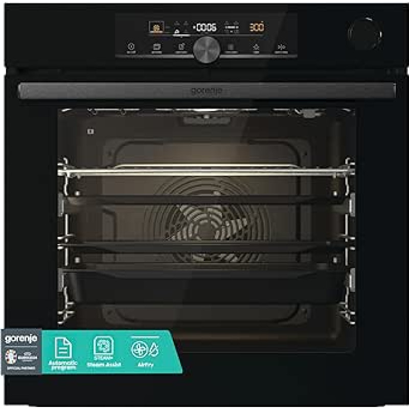 Gorenje 738009 OptiBake Advanced BSA 6747 A04BG Sisseehitatud küpsetusahi / 77L / Kuum õhk / AutoBake / Puutetundlik juhtimine / Röstitermomeeter / Õrnalt sulgemine ja avamine / SteamAssist/StepBake/PizzaMode 300 °C/Mustvalge