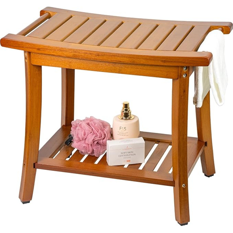 Utoplike Bamboo Shower Bench for Indoor, Brown Bathroom Stool with Handles, Storage Shelf, Wooden Bath Chair, Bathroom Seat for Towels, Spa and Organisation