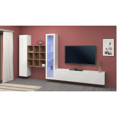 Dmora Emilio Living Room Set, 3 Doors, Multi-Purpose Living Room Furniture with Display Cabinet and LED Light, 100% Made in Italy, 310 x 30 x 180 cm, White Gloss and Maple