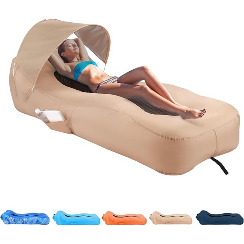 Inflatable Lounger, Air Sofa with Unique Sun Protection Design, Inflatable Beach Bed with Cushion, Waterproof Inflatable Couch, Camping Chair, Hammock for Hiking, Backyard, Travel, Beach