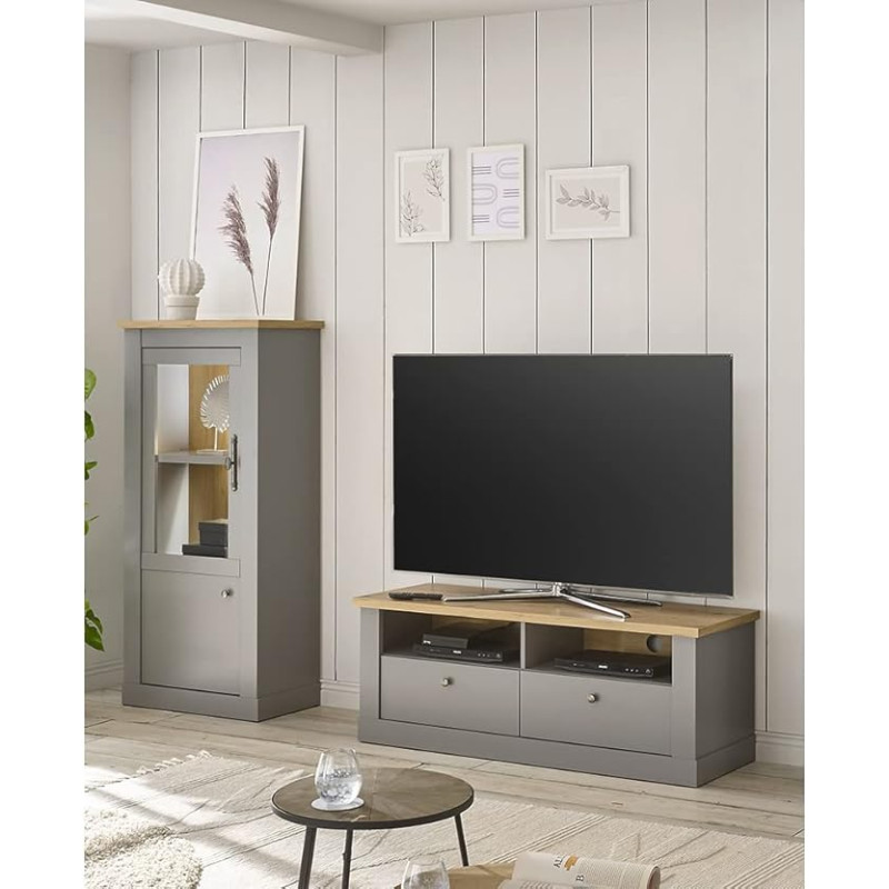Lomadox Country House Living Room Furniture Set with LED Lighting in Grey with Artisan Oak Nb W x H x D Approx. 220 x 146 x 44 cm