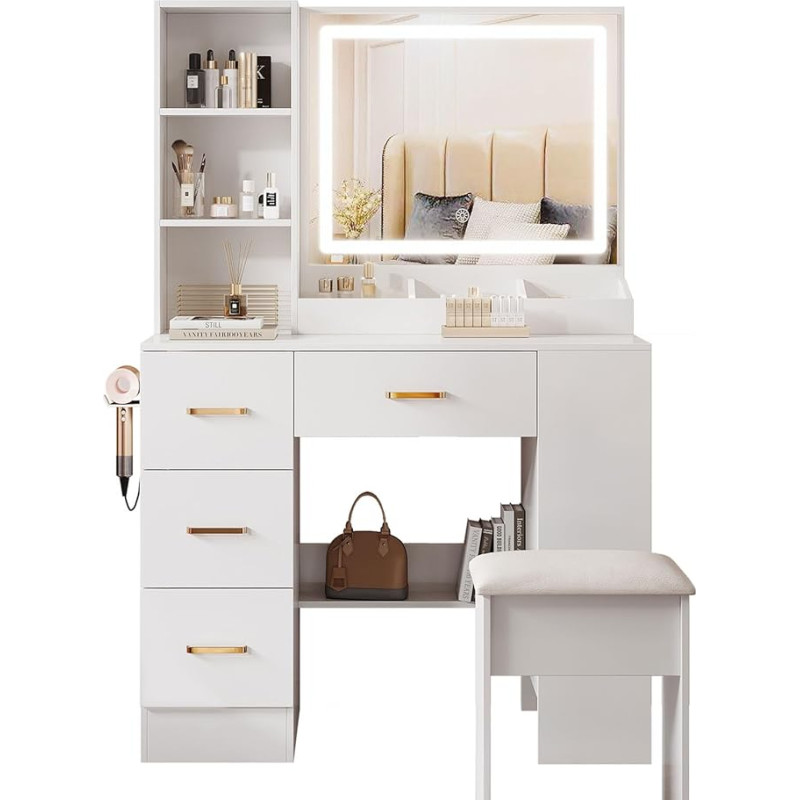 BEHOMHAZQ Modern Dressing Table with Mirror, 4 Drawers and Open Shelves, White Wooden Dressing Table with Stool