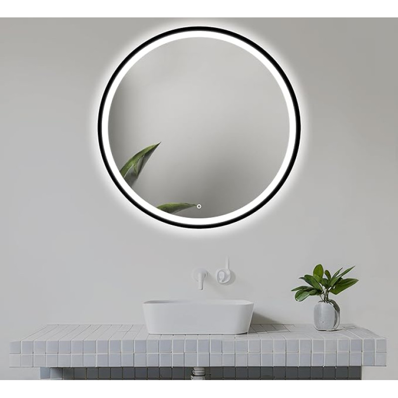 Home Glow 60 cm LED Bathroom Mirror with Black Frame, Round Bathroom Mirror with Lighting, Black Framed Mirror, Round Metal Framed Bathroom Mirror with Lighting