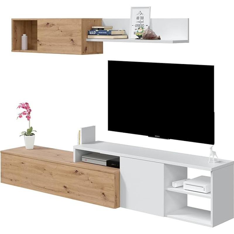 Habitdesign Pööratav elutoakomplekt Mööbel elutuppa söögituppa Julia Mudel Valmistatud Nodi tammest ja valgest Eseme mõõtmed: 221 cm (laius) x 44 cm (kõrgus) 40 cm (sügavus): 221 cm (laius) x 44 cm (kõrgus) 40 cm (sügavus)