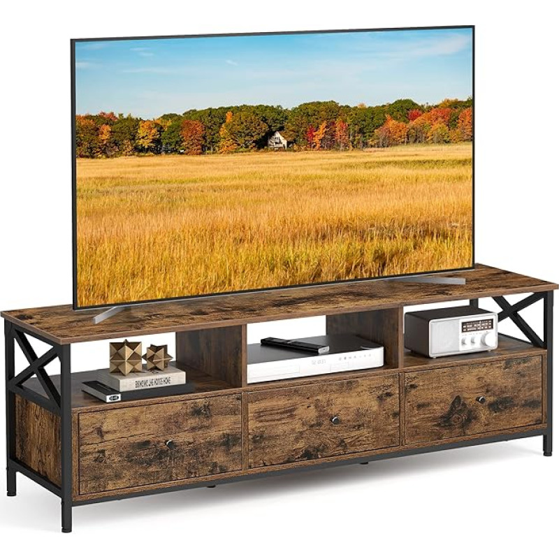 VASAGLE LTV301B01 TV-kapp Lowboard kuni 65-tollise televiisori jaoks, 147 cm pikk, TV-jalg 3 sahtliga, 3 avatud kambrit, 40 x 147 x 50 cm, elutuba, terasraam, Vintage Brown/Must, Vintage Brown/Black