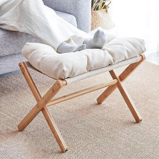 uyoyous Foldable Footrest for Sofa, Bamboo Footstool, Wooden Ottoman Stool, Foldable Wooden Footstool, Step Stool with Removable Cushion for Living Room, Beige