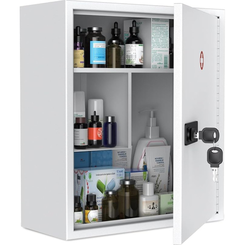 Uniclife Wall Mounted Medicine Cabinet with Combination & Key Locking First Aid Cabinet Lockable Medical Cabinet Large Capacity Medicine Organiser Wall Cabinet Storage Box, White
