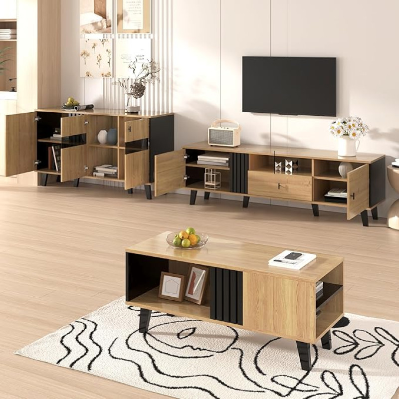 A ALFRESCOOL Living Room Furniture Set 3-Piece - Coffee Table, TV Cabinet & Sideboard - Modern Design in Wood and Black - Lots of Storage Space, Stylish Elegance for Any Home