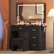 YITAHOME Dressing Table with Mirror, Cosmetic Table with 4 Drawers, Lighting, Socket, Black (Make Up Table, Dressing Table, Cosmetic Table, Vanity Table)