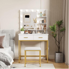 Lifewit Dressing Table with Mirror, LED Lighting, Adjustable Brightness, Dressing Table with 2 Drawers, 2 Open Compartments and Stool, Dressing Table Makeup Vanity for Bedroom, Bathroom, Vanity Room