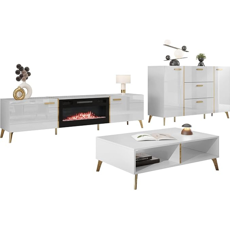 Mirjan24 Picru I Living Room Set, Add-On Wall, Living Room Cabinet, Cabinet Wall, in Set: Chest of Drawers, TV Lowboard with Electric Fireplace, Coffee Table (White/White High Gloss + Gold)
