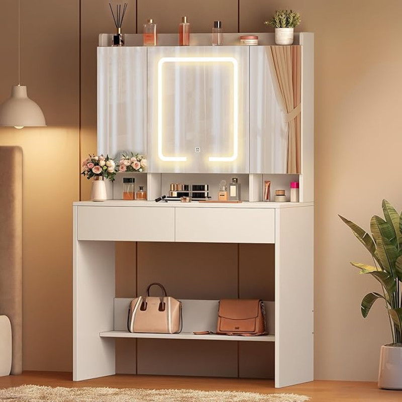 YITAHOME Dressing Table with LED Lighting, Dressing Table with Mirror, 3 Colours with Adjustable Brightness, Cosmetic Table, Dressing Table with Mirror Adjustable Shelves, 2 Drawers, Modern (White)