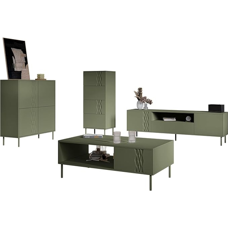 Mirjan24 Toderko I Living Room Set, Living Room Cabinet, Wall Panel, Metal Feet, Push to Open, in Set: 2 x Chest of Drawers, TV Lowboard, Coffee Table (Green)