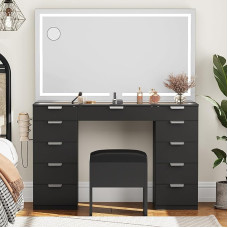 YITAHOME Large Dressing Table with Adjustable LED Lighting and Sockets, Dressing Table with Mirror, Dressing Table with 11 Drawers with Stool, Black