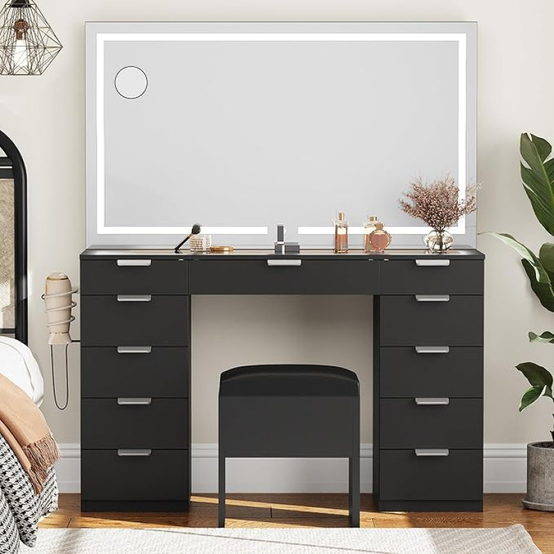 YITAHOME Large Dressing Table with Adjustable LED Lighting and Sockets, Dressing Table with Mirror, Dressing Table with 11 Drawers with Stool, Black