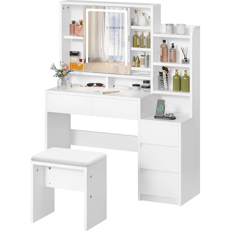 YITAHOME Dressing Table with Mirror and LED Lighting, Dressing Tables with Stool Drawers and USB Connection, Adjustable Shelves, Modern Dressing Table for Bedroom and Make-Up, White