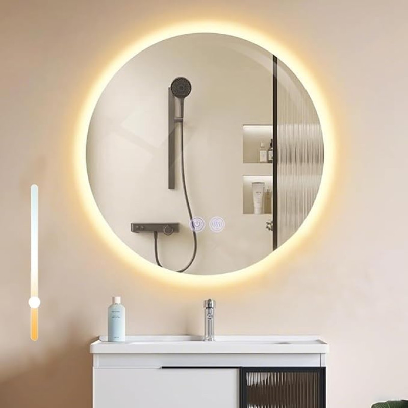 Mursche Bathroom Mirror with Lighting, Round 50 cm Bathroom Mirror with Illuminated LED Bathroom Round Mirror with Light, Dimmable Wall Mirror, Touch Switch, Anti-Fogger Function